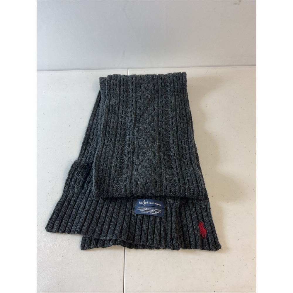 Vtg Polo Ralph Lauren Unisex Cable Knit  Scarf Gray Lambswool Pony